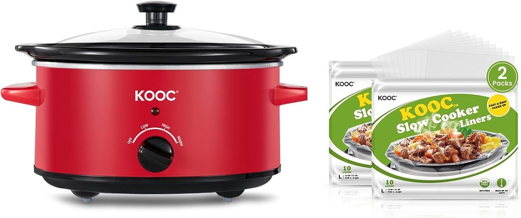 KOOC 4-Quart Slow Cooker, Free Liners Included for Easy Clean-up, 3 Temperature Settings, RED + KOOC Disposable Slow Cooker Liners and Cooking Bags 13×21 inch 20 Count Fit 3QT to 8.5QT