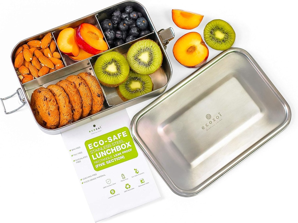 ecozoi Stainless Steel Lunch Box, 1-Tier Metal Bento Box Leak Proof with 5 Compartments, 50 Oz Metal Lunch Container, Meal Prep Food Container, with 50 ml Sauce Container