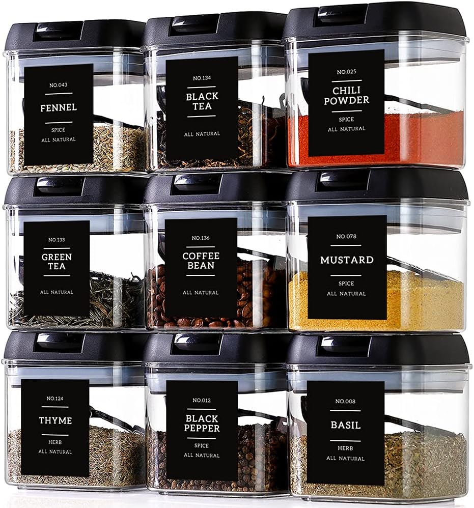 Spice Containers with Labels, 9 Pcs 16 Fl Oz Large Plastic Tea Storage Containers with 148 Spice Labels and 9 Spoons, Square Airtight Seasoning Containers Set with black Lids for Kitchen Pantry Coffee