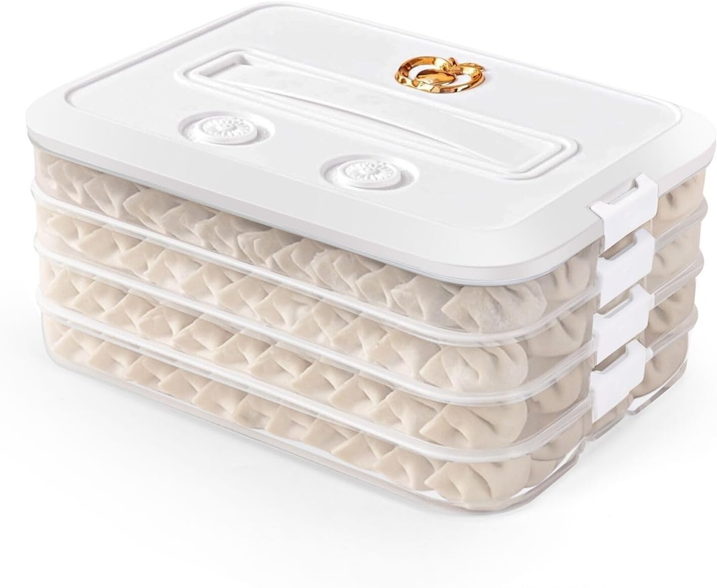 Food Storage Containers with Lids, Plastic Cookie Storage Containers Airtight, 4-Layer Stackable Food Containers Dumpling Storage Box, White