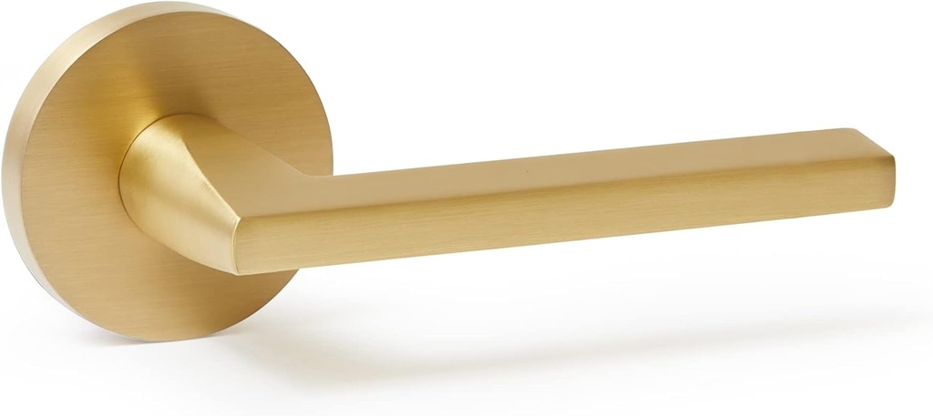 Satin Gold Door Handle – Solid Brass Privacy Lever Set with Round Backplate – Reversible Locking Handle for Bedroom or Bathroom – Champagne by Explore Hardware