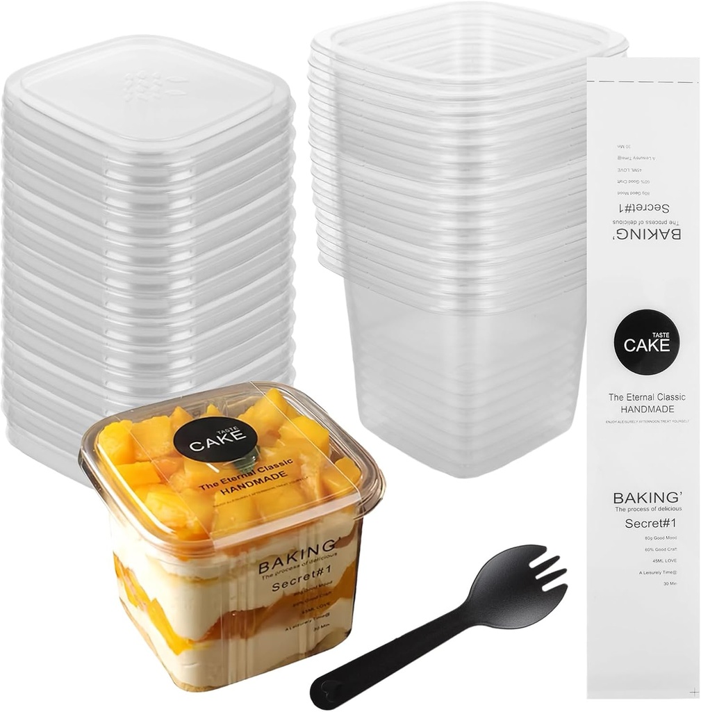 100 Pack 14 oz Plastic Dessert Cups with Lids - Square Fruit Parfait Cups with 100 Packs Sporks - Party's Appetizer Clear Bowls Disposable for Pudding Cake Mousse Yogurt