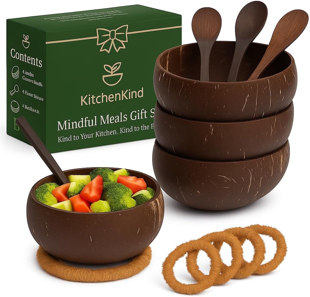Mindful Meals Gift Set – 4 Deluxe Jumbo Coconut Bowls with Spoons & Eco Stands – Wobble-Free, Sustainable Coconut Dinnerware in Premium Gift Box