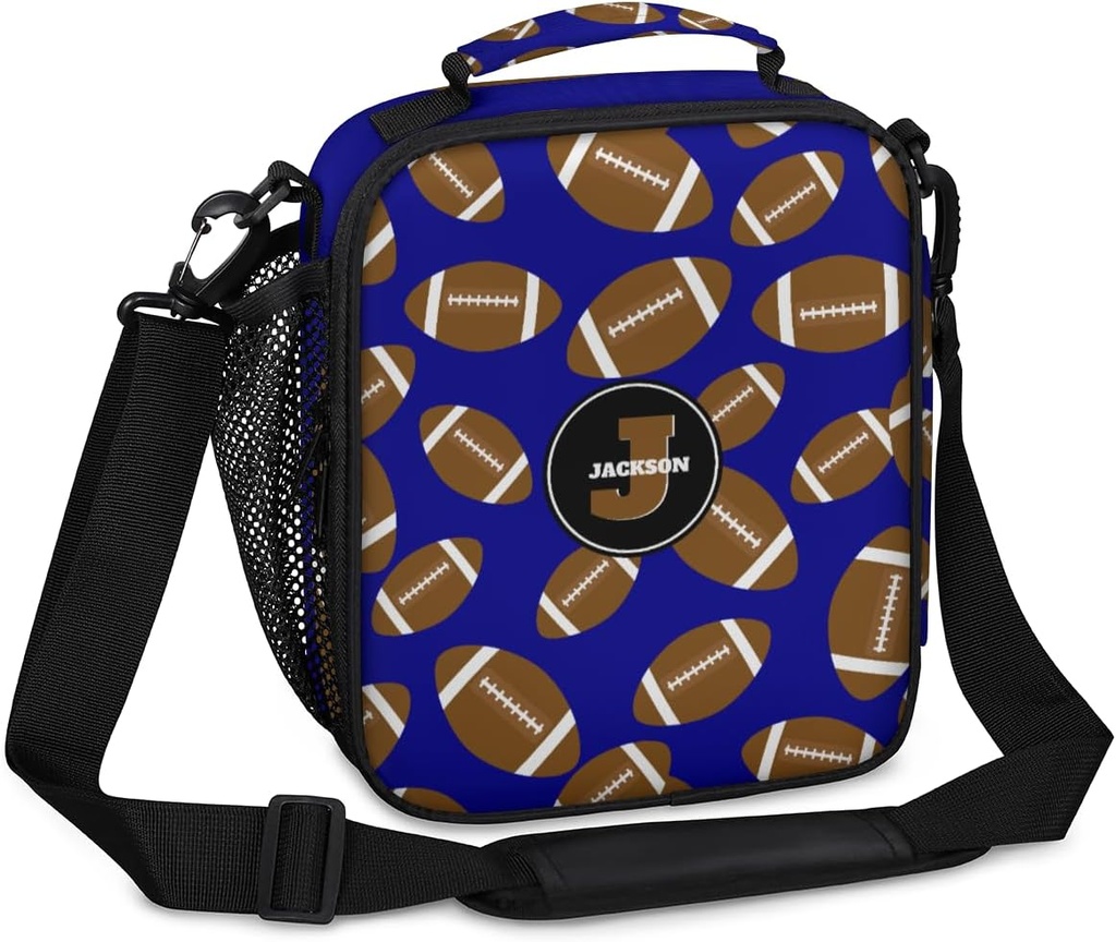 Personalized-Lunch-Box with Name Custom Lunch Bag for Kids Boys Customized Reusable Lunch Bag Gift for Office Work Picnic Travel Football Dark Blue