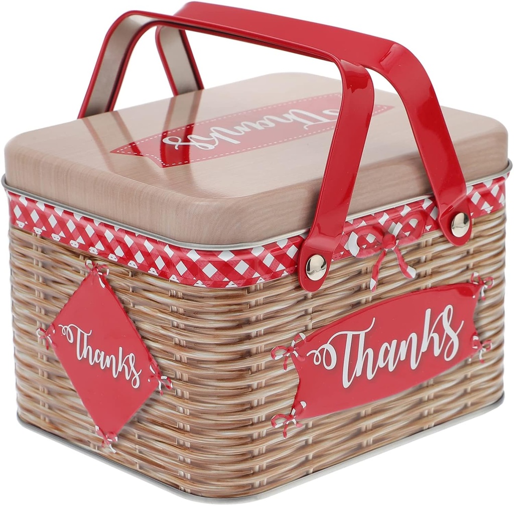 Healifty Creative Red Tinplate Cookie Storage Box Large Imitation Rattan Handheld Biscuit Candy Packing Container Sealed Birthday Wedding
