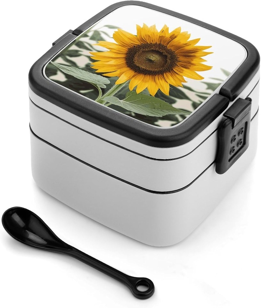 Bloom Sunflower Bento Box Adult Lunch Box All-in-One Lunch Containers with Removable Compartments Double Layer Bento Lunch Box with Spoon And Handle Stackable Lunchbox