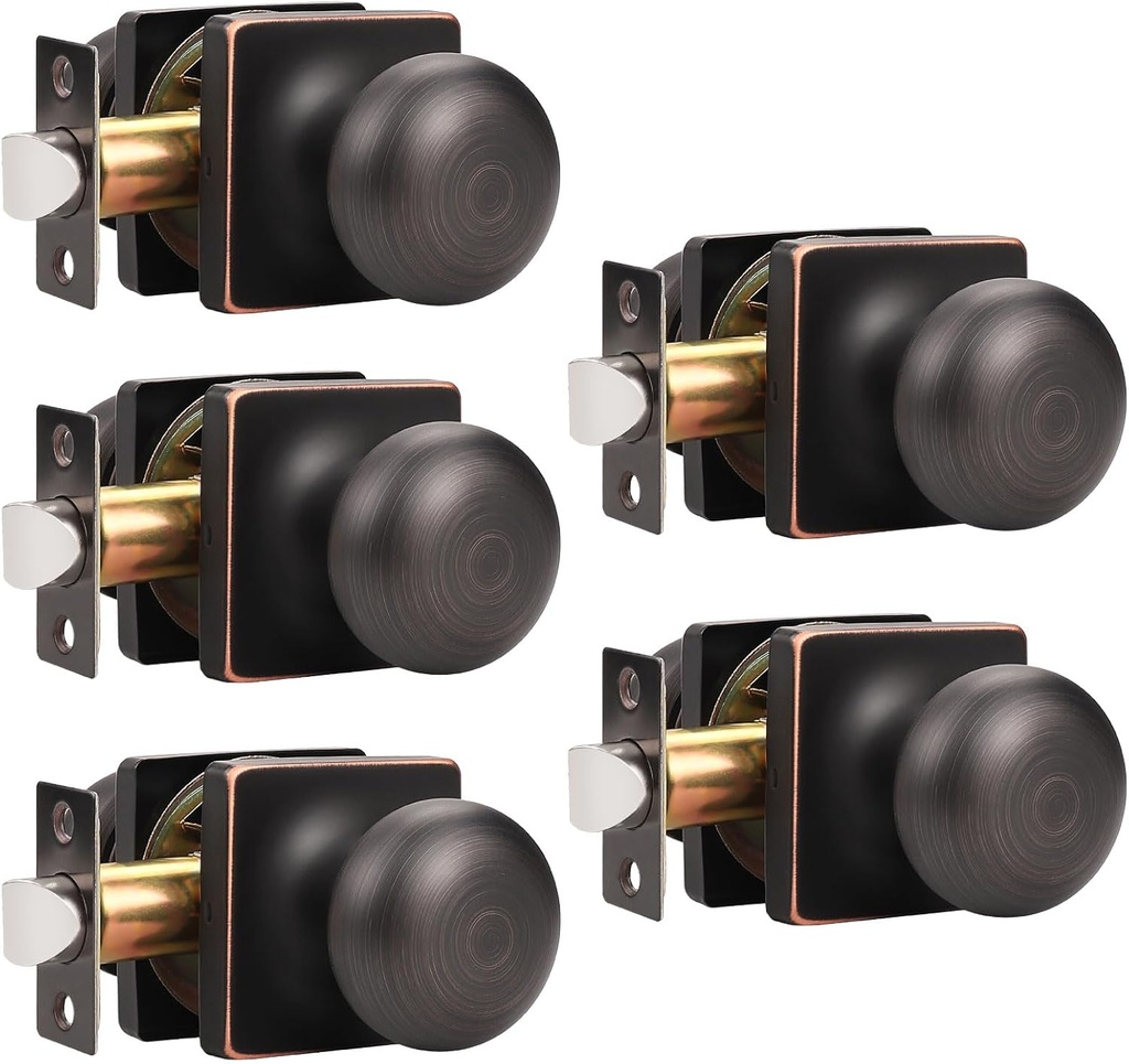 GOBEKOR 5 Pack Passage Door Knobs for Closet Door Knobs Interior Oil Rubbed Bronze Square Keyless Door Knob with Lock Round Passage Knob
