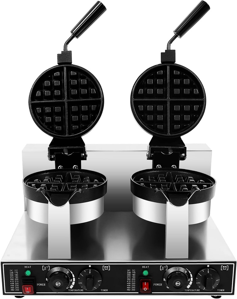 Commercial Waffle Maker Double Heads, Electric Waffle Cone Maker, Dual-Head Round Waffle Baker Machine, 2400W Non-Stick Stainless Steel Belgian Waffle Iron with Temp & Time Control