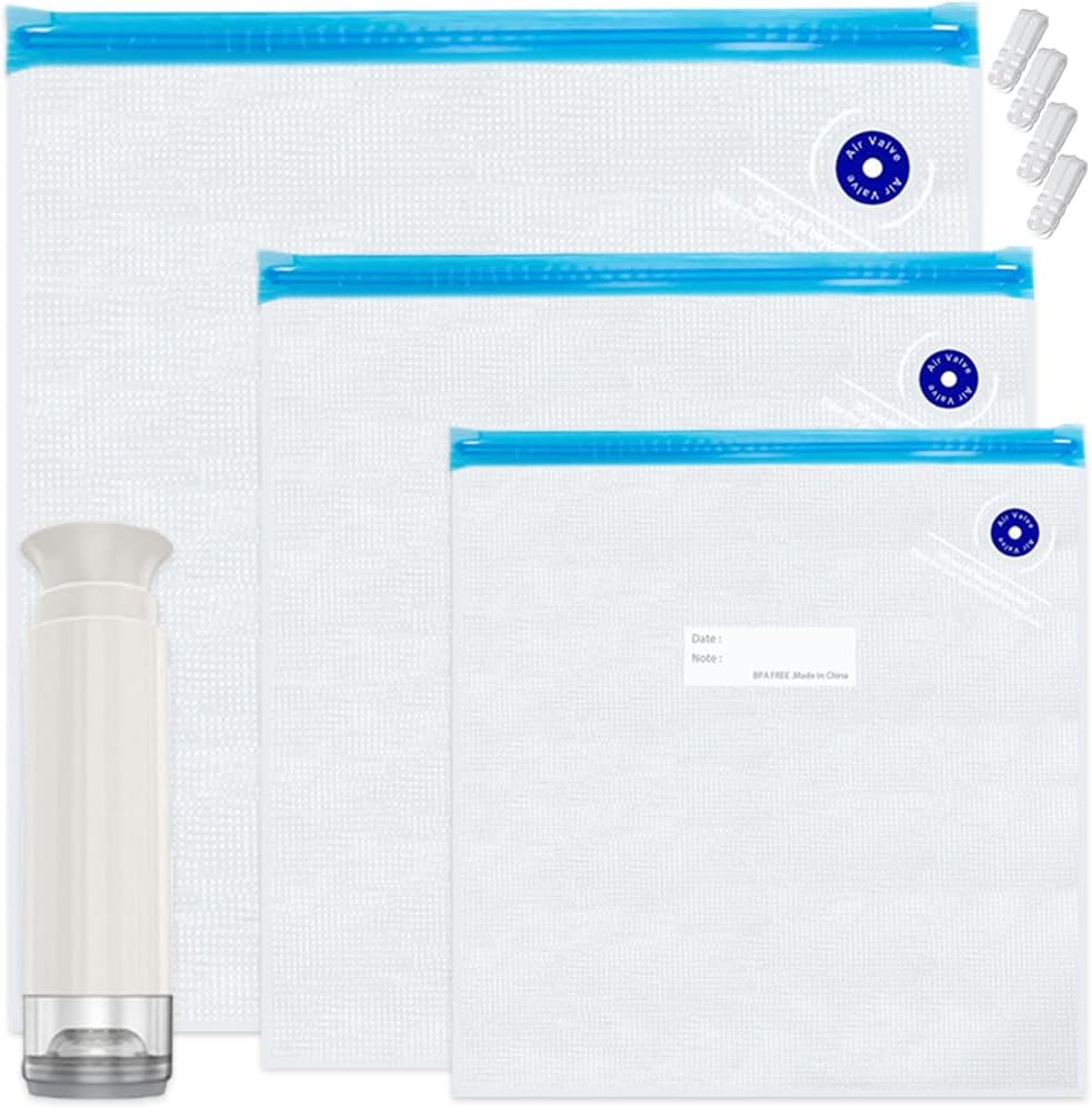 Sous Vide Bags,20pcs Reusable Vacuum Sealer Bags Kit,15 Mixed Sizes BPA Free Zipper Bags for Food,4 Sealing Clips,1 Hand Pump for Food Storage and Sous Vide Cooking