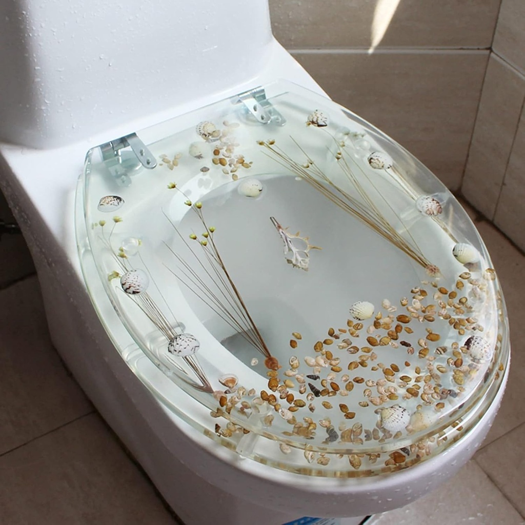 Resin Toilet Seat, Transparent Thickened Shell Design Toilet Cover Anti Pollution, Comfort Toilet Seats Seashells Cover Bathroom Fixtures
