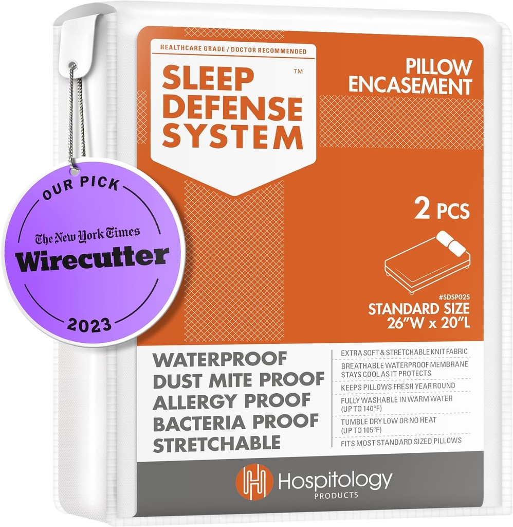 HOSPITOLOGY PRODUCTS Pillow Encasement- Zippered Bed Bug Dust Mite Proof Hypoallergenic - Sleep Defense System - Standard - Waterproof - Set of 2 - 20" H x 26" W