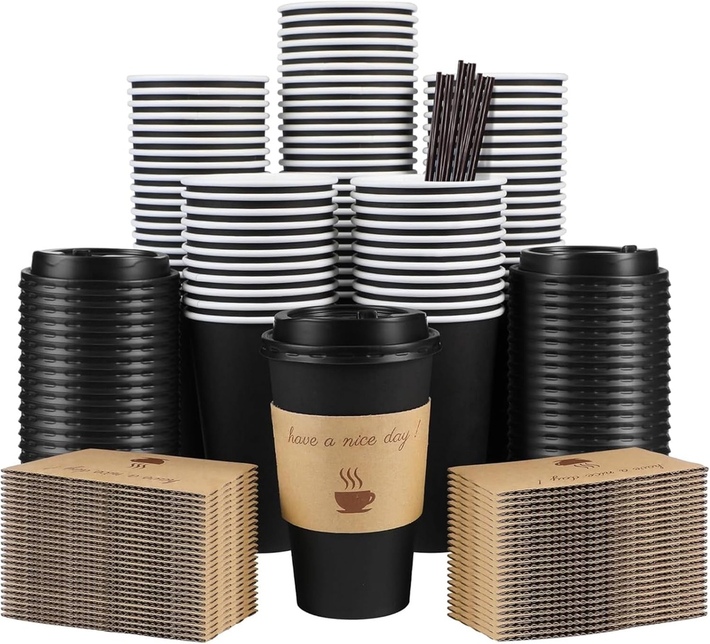 100 Pack 16 oz Coffee Cups with Lids, Disposable To Go Paper Coffee Cups with Sleeves and Stirring Sticks for Hot/Cold Drinks Office Home Shop Event (Black)