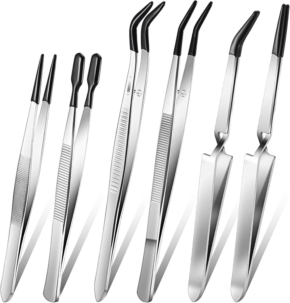 6 Pieces Tweezers with Rubber Tips Rubber Tipped Tweezer Cross Lock PVC Coated Tweezers Craft Jewelry Anti Scratch Long for Crafting Beads Jewelry Stamps Succulents Pet(Black)