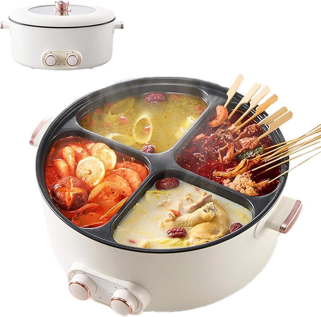 Four Grid Multifunctional Stew Pot, Multifunctional Four-Grid Electric Cooker,6L Large Capacity Integrated Non-Stick Hot Pots for Household,4-Flavor Chinese Shabu Shabu Pot for Home Party