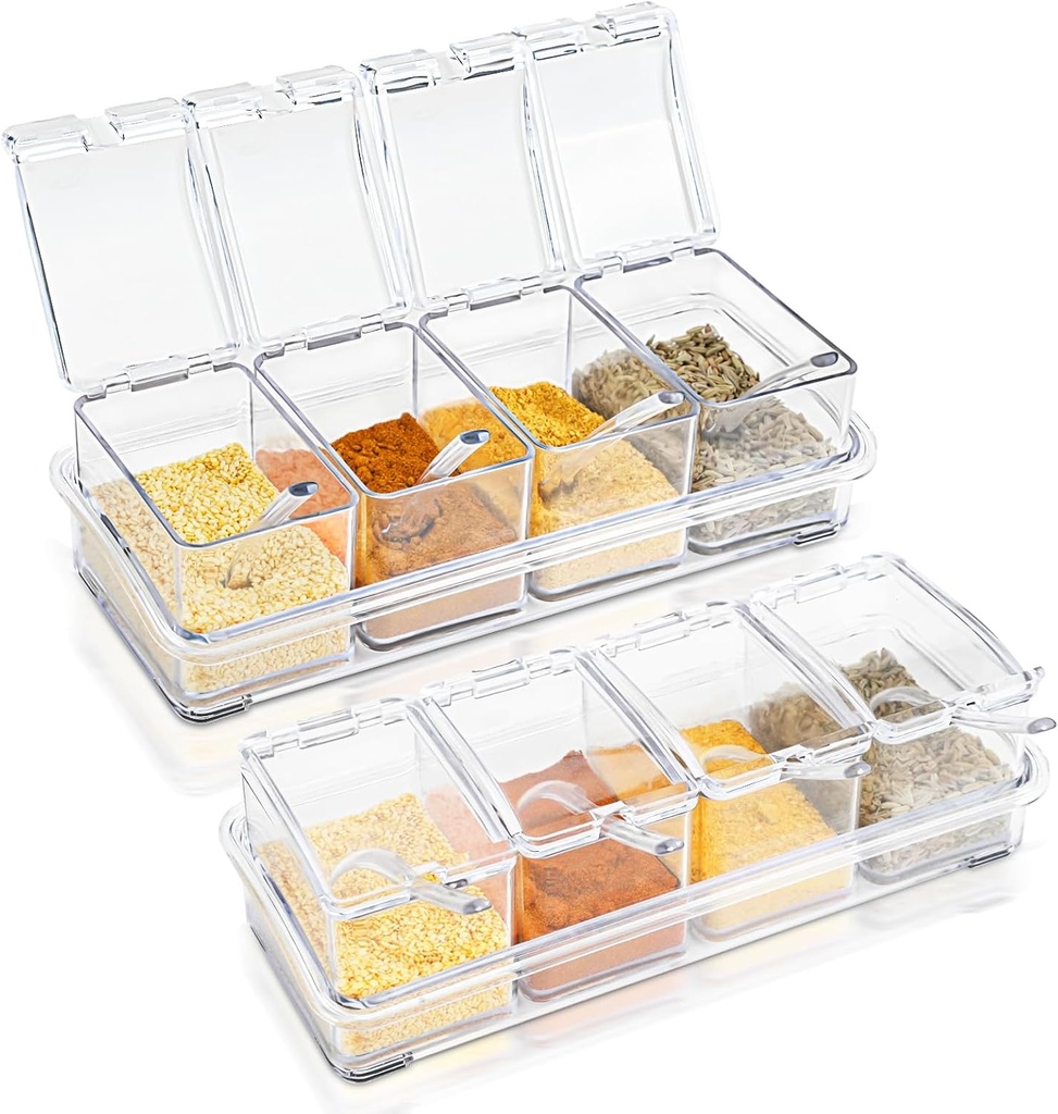 Clear Seasoning Box, 8 Pcs Spice Storage Pots Condiment Container Boxes with Lids and Spoons, Seasoning Rack Spice Jar, Kitchen Seasoning Organizer for Salt, Sugar, Cocoa, Ice Cream Toppings