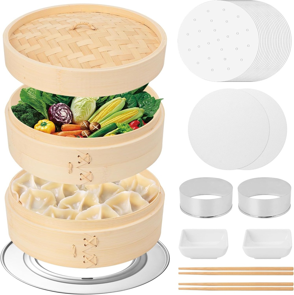 Bamboo Steamer Basket, 10 Inch, 2 Tier with Lid, Dumpling Steamer with Paper & Silicone Liners, Cutter, Adapter, Sauce Dish, Chopsticks, for Asian Food
