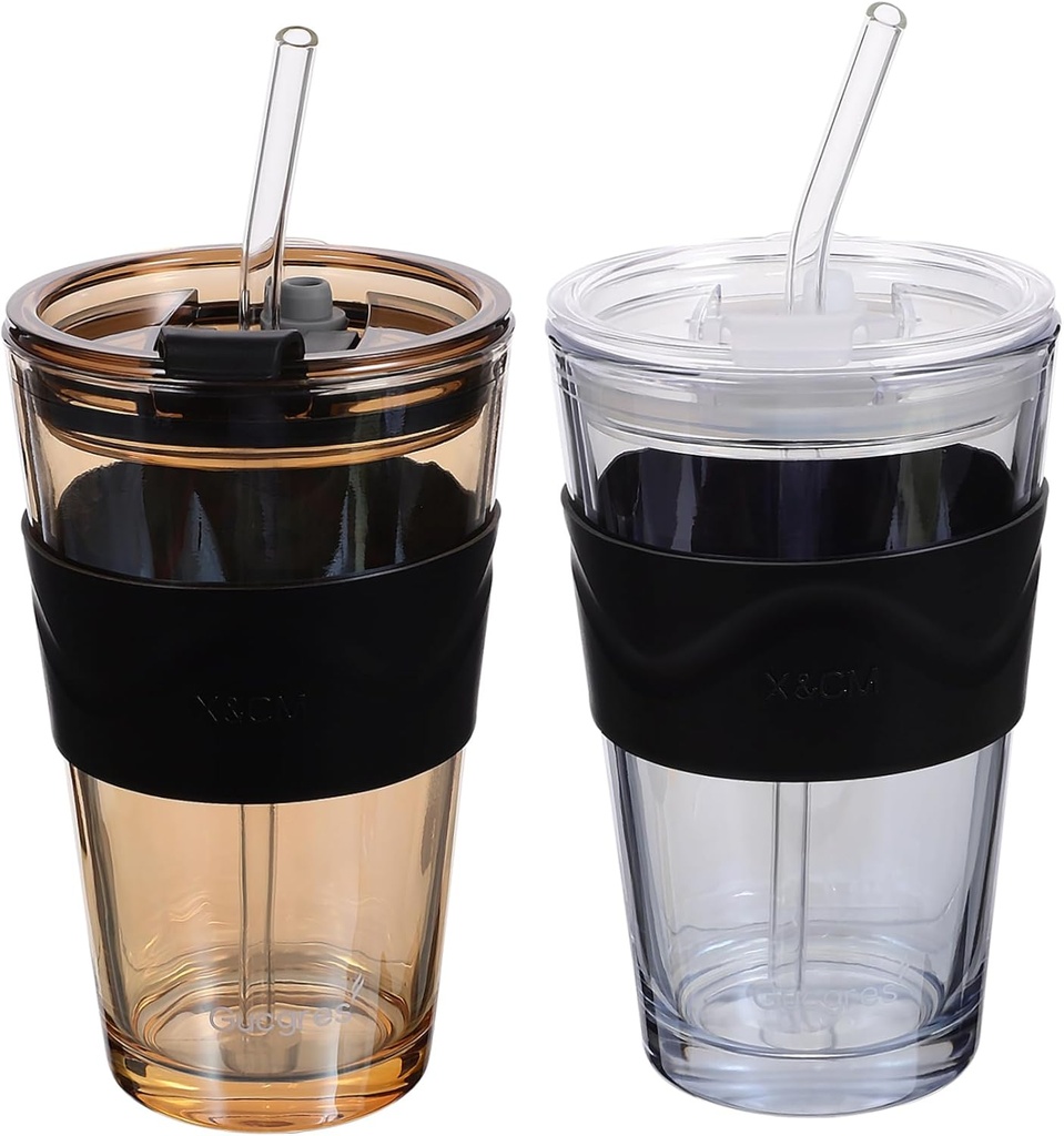 450ml Glass Water Cup with Straw and Lid Drinking Bottle for Juice Beer Iced Tea 2 Pack