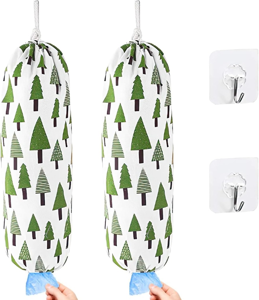 2 Pack Plastic Bag Holder – Reusable Grocery Bag Storage Organizer with Hooks, Wall Mounted Dispenser for Trash Bags, Kitchen, Pantry, Travel, Forest Tree Print