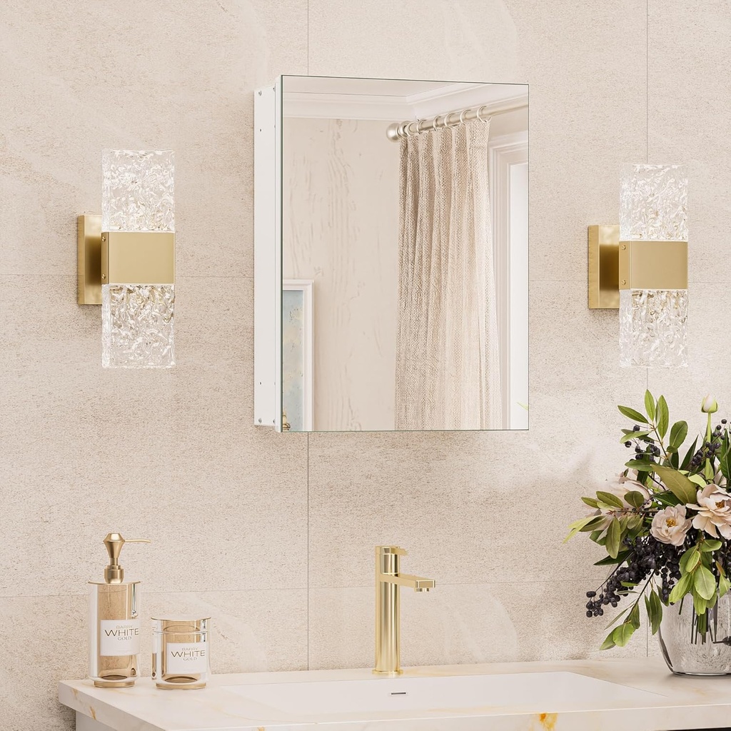 TokeShimi 14x18 Bathroom Mirror Medicine Cabinet Aluminum, Tempered Mirror with Adjustable Storage Frameless White Farmhouse Medicine Cabinet Recessed or Surface Mount Metal Modern