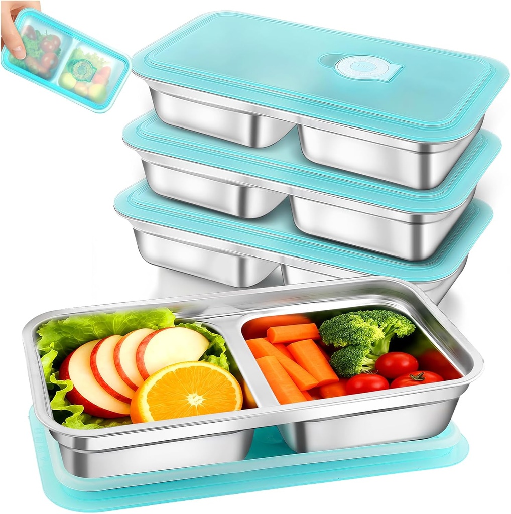 Zkptops 4Pcs Grab and Go Snack Containers Stainless Steel Reusable Snack Condiment Box with Lids Double Compartment Food Storage Container Dishwasher Divided Lunch Meal Container for School Travel
