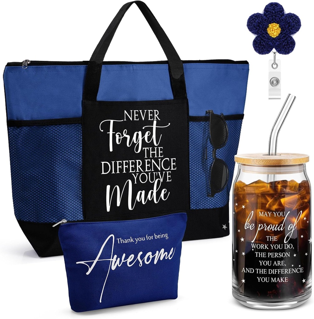 4 Pcs Thank You Gift 16oz Glass Cup Tote Bag Makeup Bag Badge Reel Gift for Rad Tech Nurses Practitioner Staff