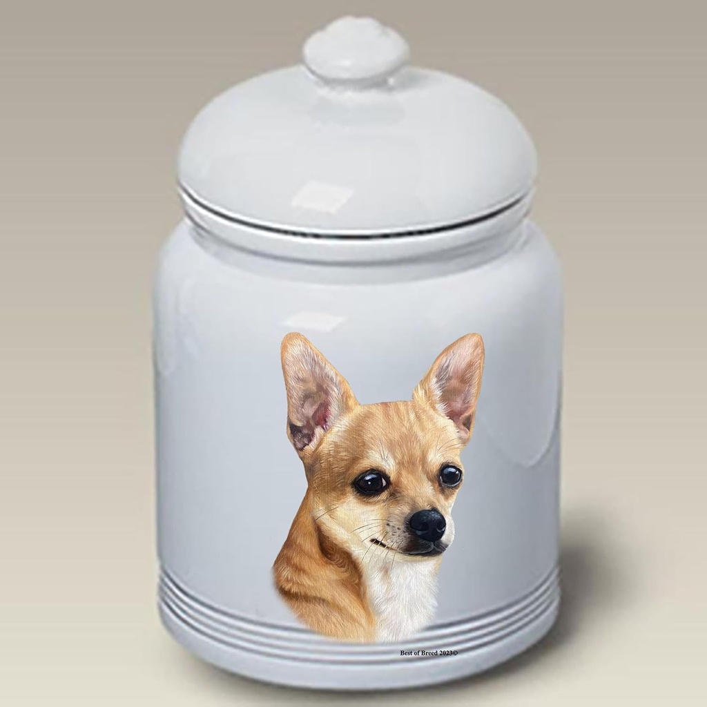 Chihuahua Tan Smooth - Best of BreedDog and Cat Ceramic Treat Jar 9" Tall Air Tight Seal All White