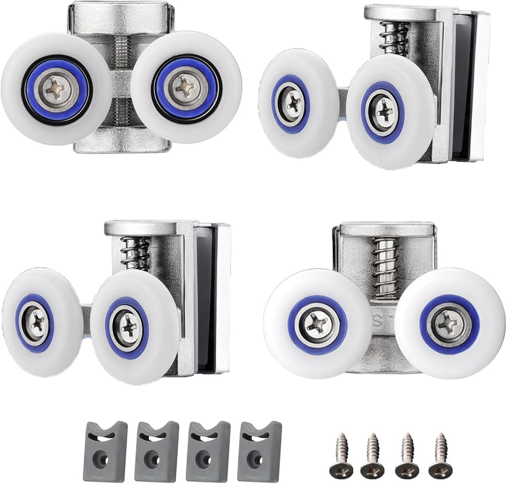 26mm Shower Door Rollers, 4PCS Sliding Shower Doors Wheels, Replacement Wheels Shower Doors，2xDouble Twin top/Bottom Shower ，Shower Door Runners Pulleys for Curved Glass Doors 6-8mm