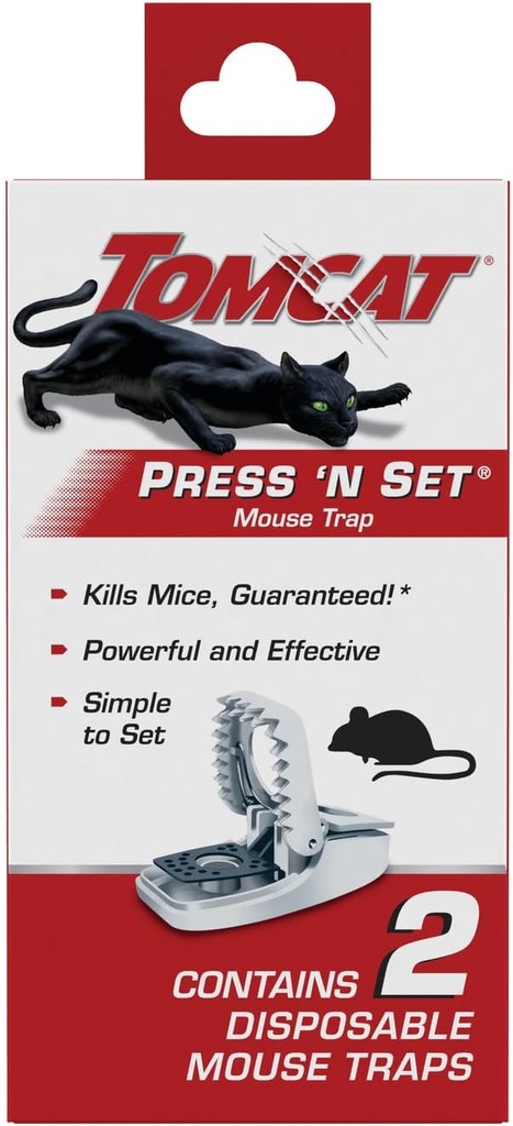 Tomcat Press 'N Set Mouse Trap for Indoor or Outdoor Use, Plastic Spring-Loaded Mouse Killer with Grab Tab, 2 Traps