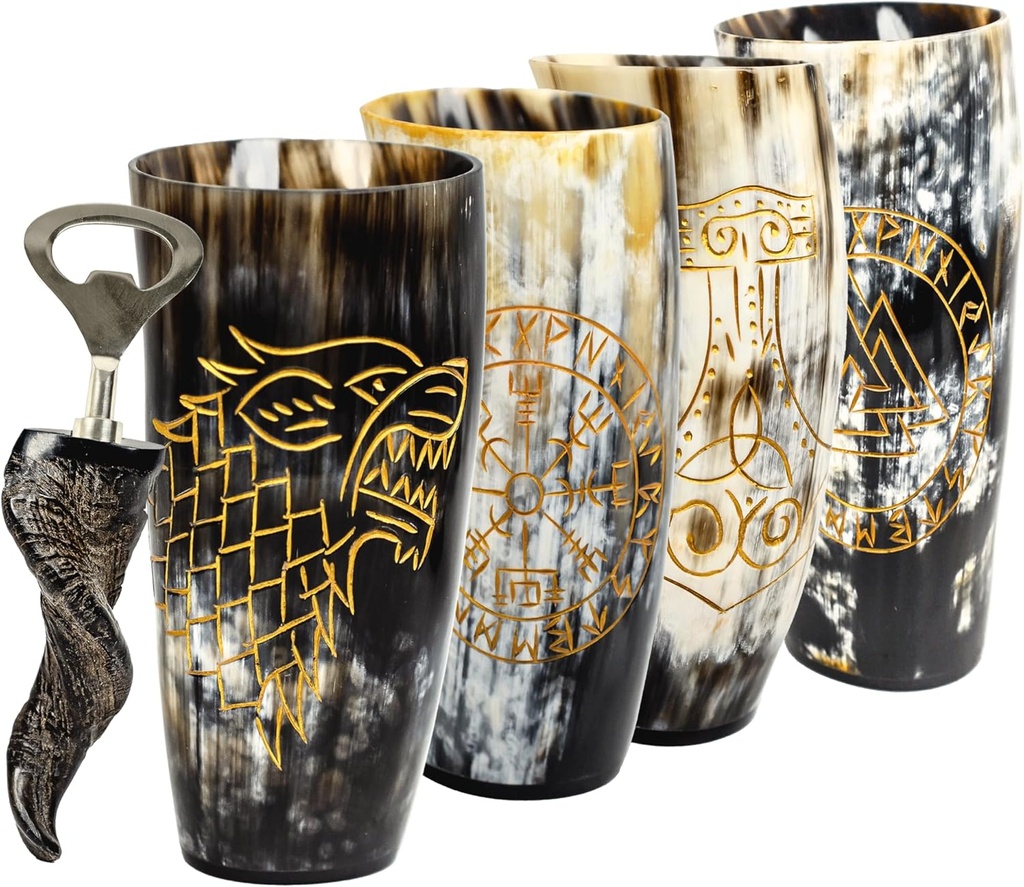 Viking Drinking Horn Mugs Set of 4,100% Authentic, Unique, Handmade Natural Ox Horn Shot Glasses| 10oz Cool Unique Tumbler, Beer Gift for Men and Women, Goblet| Mediaeval Stein for Ale, Mead, Whisky…