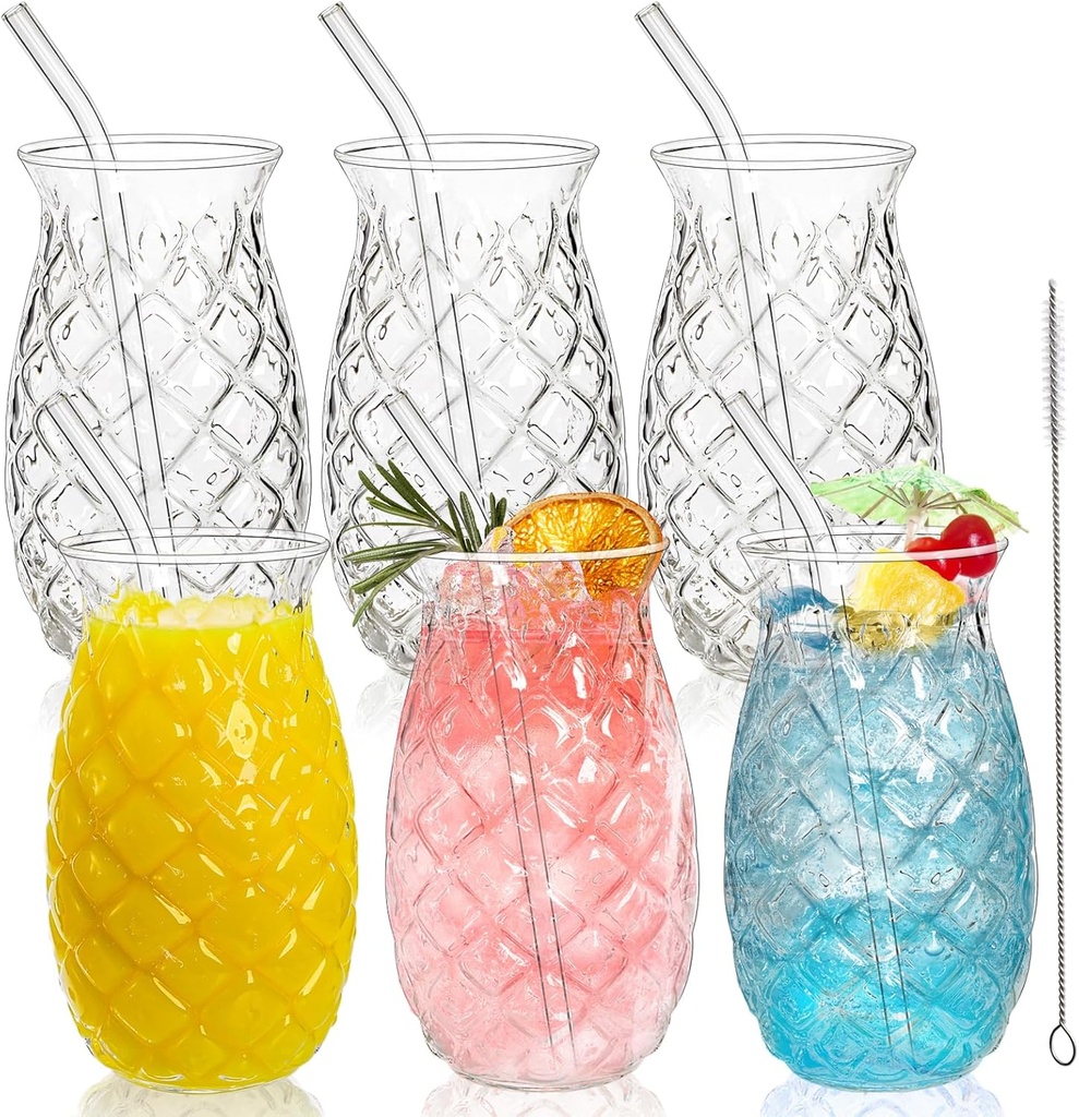 Set of 6 Pineapple Drinking Glasses, 17 Oz Clear Cocktail Glasses with Straws, Retro Relief Pineapple Cups Classic Wine Drink Glass for Cocktail, Wine, Juice, Water, Milk, Halloween