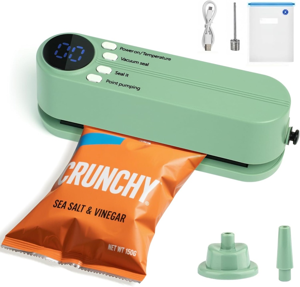 Portable Mini 3-in-1 Cordless Rechargeable Food Saver Vacuum Sealer for Dry & Moist Food Storage, Portable Design with 4 Snack Bags, Storage Bag, Inflation Pump, Needle & Nozzle Included (Green)