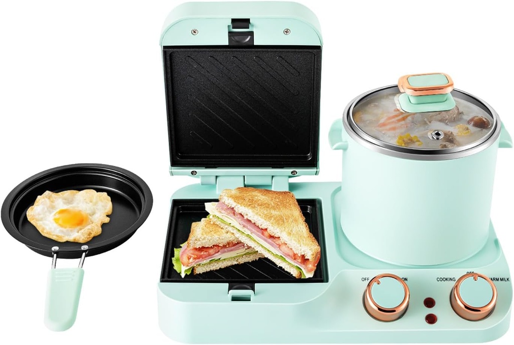 3 in 1 Breakfast Station, Breakfast Sandwich Maker with Frying Pan&Boiling Pot, Food Steamer,Retro Household Electric Breakfast Maker,Mini Toaster Bread