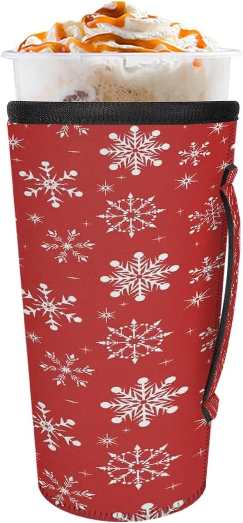 Classic Winter Christmas Theme Iced Coffee Sleeve Reusable Coffee Cup Sleeves with Handle Neoprene Insulated Cold Drink Holder for 30-32 Oz Cups Large