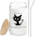 It's Fine I'm Fine Glass Cup Funny Sarcastic Cat Glass Coffee Cup With Lids And Straws 14oz,Cat Lover Gifts