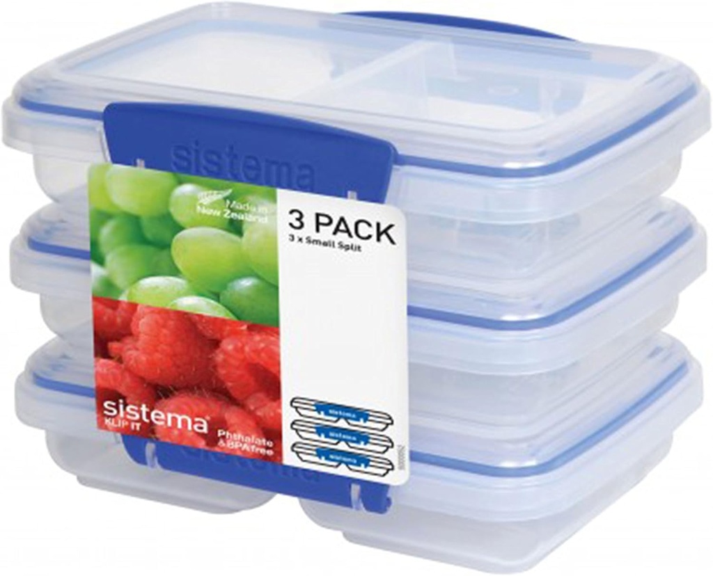 Sistema 3-Piece Food Storage Containers with 2 Compartments and Lids for Meal Prep, Dishwasher Safe, 11.8oz, Clear/Blue