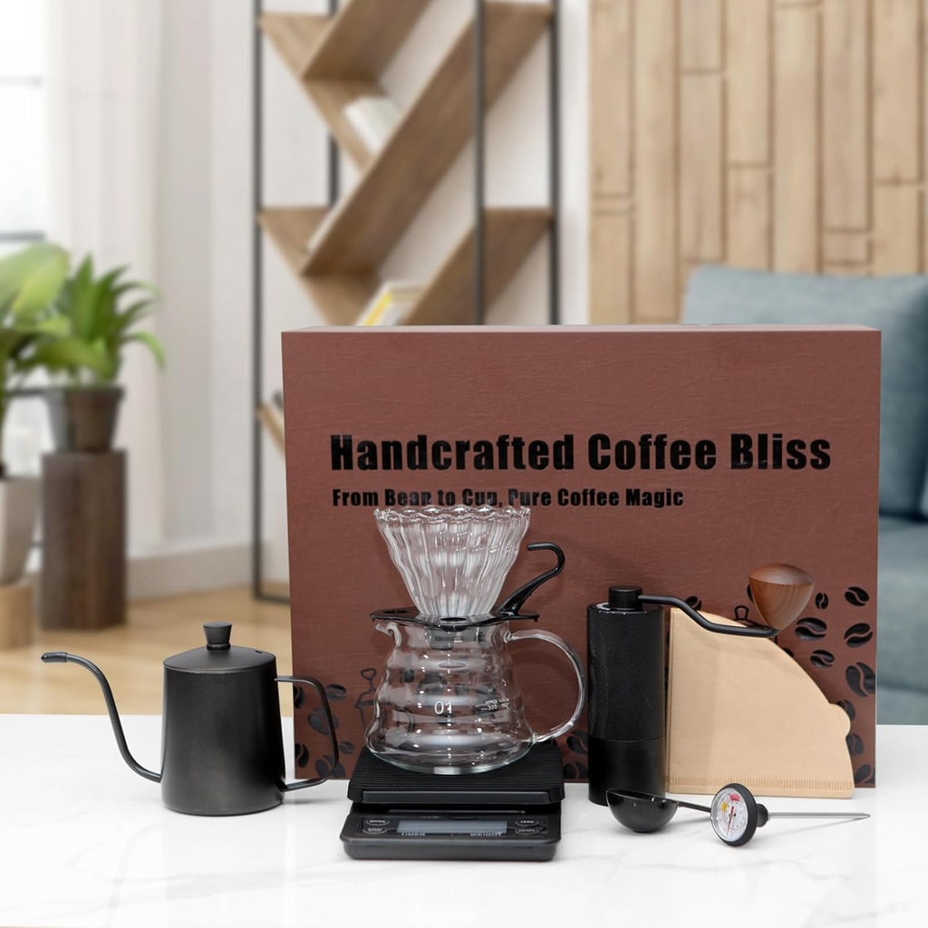 Pour Over Coffee Maker Set for Gift Hand Drip Coffee Set with Manual Coffee Grinder Filter Papers Sharing Kettle Ideal for Anniversary Birthday Gift (9 pcs Sets)