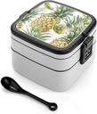 Pineapple Collage Pattern Bento Box with Compartments Double Layer Bento Lunch Box with Spoon And Handle All-in-One Adult Lunchbox Leakproof Lunch Container for Work Picnic Travel