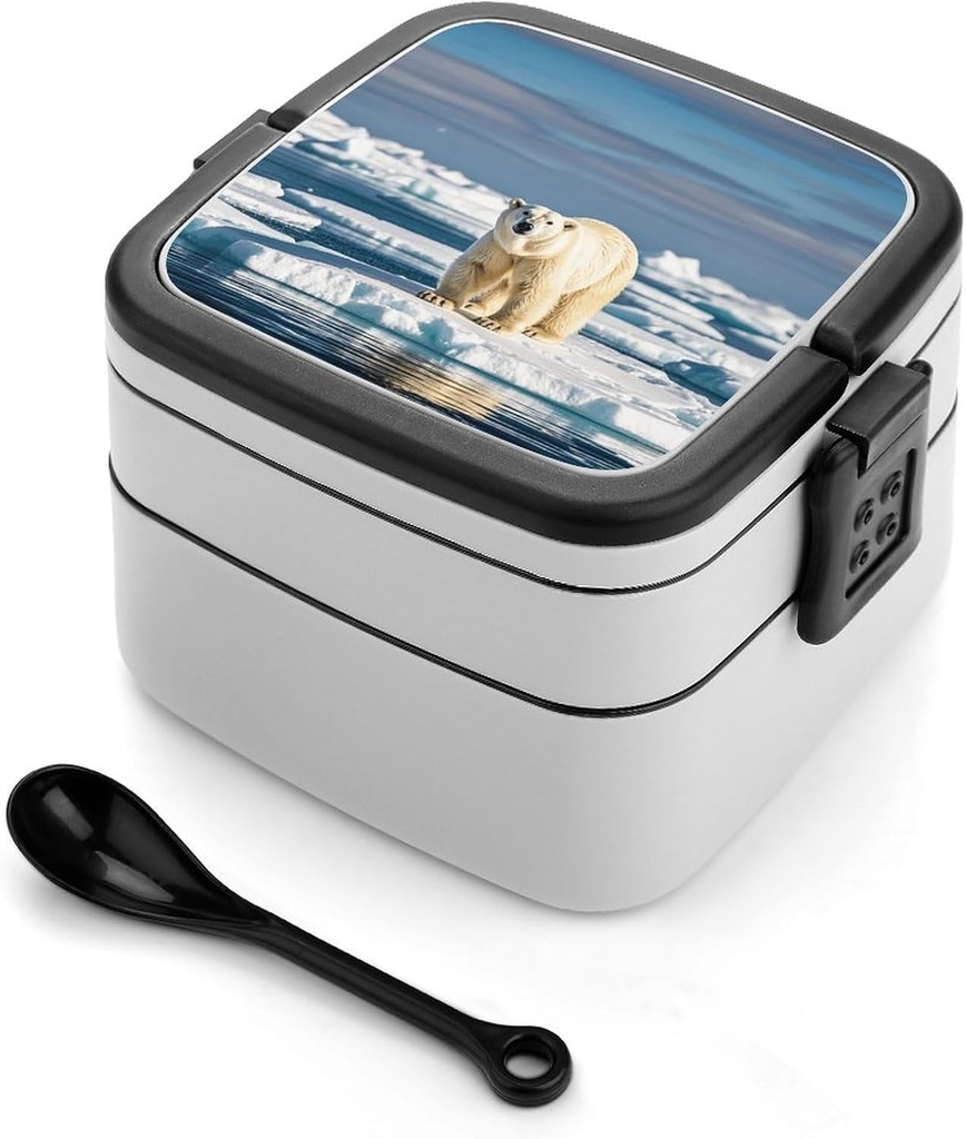 Bento Lunch Box for Women Lunch Containers for Adults Bear Standing on An Ice Floe Double Layered Lunchbox Large Capacity Bento Box with Cutlery for Work Picnic Camping Travel