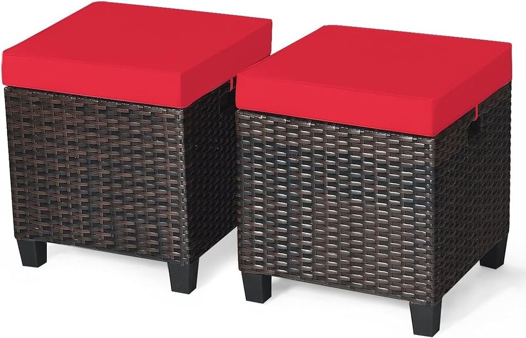 2PCS Patio Outdoor Ottomans, Rattan Wicker Ottoman Seat w/Removable Cushions, Rattan Footstool Footrest Seat Set, Patio Wicker Furniture Small Chair for Home,Patio, Garden, Backyard (Red)