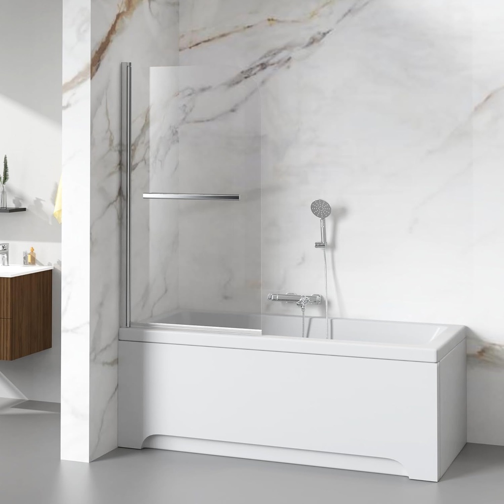 Goodyo Bathtub Shower Door 32" x 55" Frameless Hinged Shower Screen for tub with Towel Bar Handle 180 Pivot Degree, Reversible, Chrome Finish