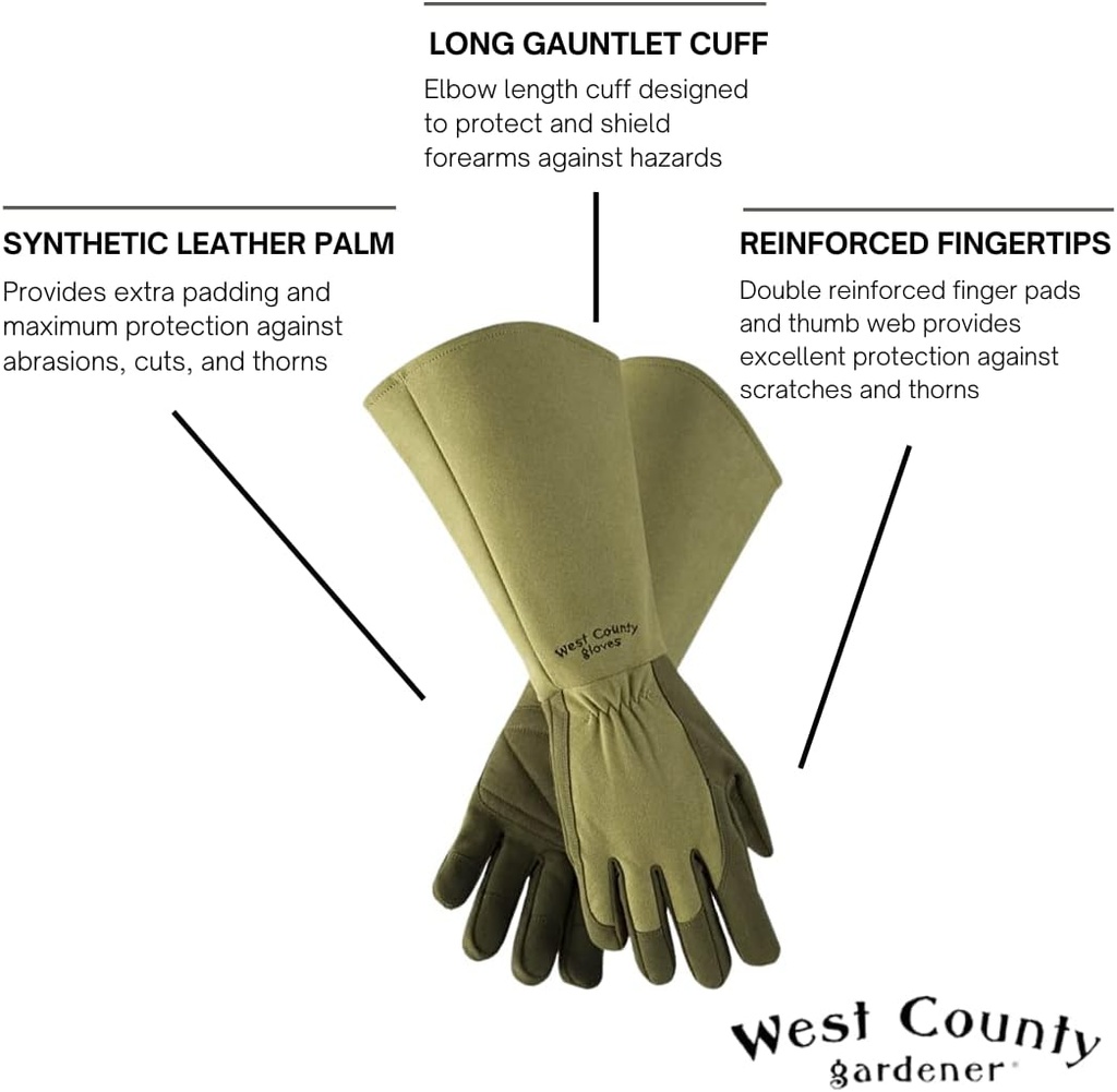 West Chester Protective Gear 054M/M West County Gardener Gauntlet Rose Gloves – Medium, Moss, Gardening Gloves w/Elastic Wrist, Reinforced Fingers, Palm, and Thumb
