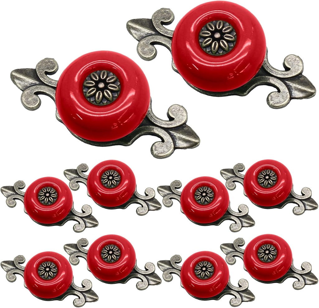 10pcs Ceramic Knobs Red Dresser Knobs, Vintage Cabinet Knobs with Antique Bronze Back Plate, Decorative Drawer Knobs Pull Handles for Closet, Cupboard