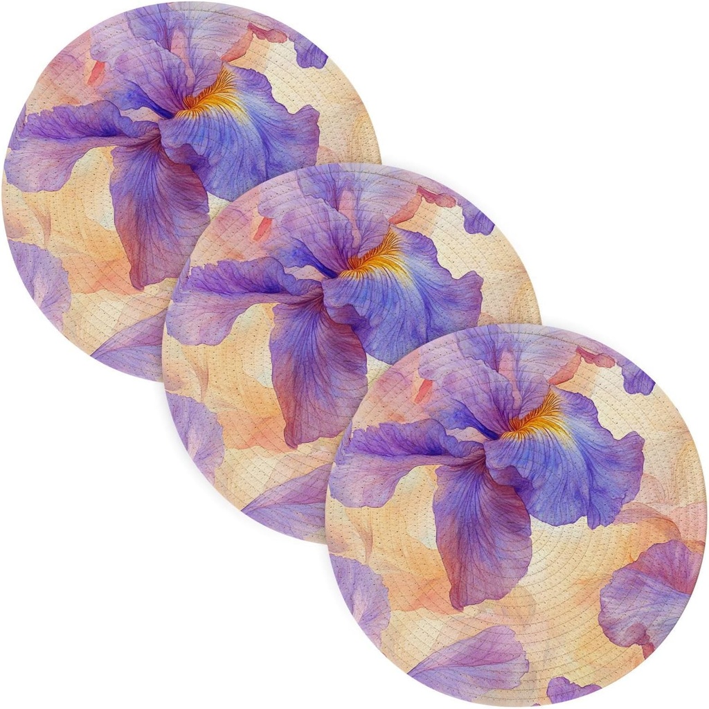 Beauty Spring Purple Iris Flowers Watercolor 3 Pcs Hot Pad Trivet for Crock Pot 15in Heat Resistant Mats Kitchen Gadgets