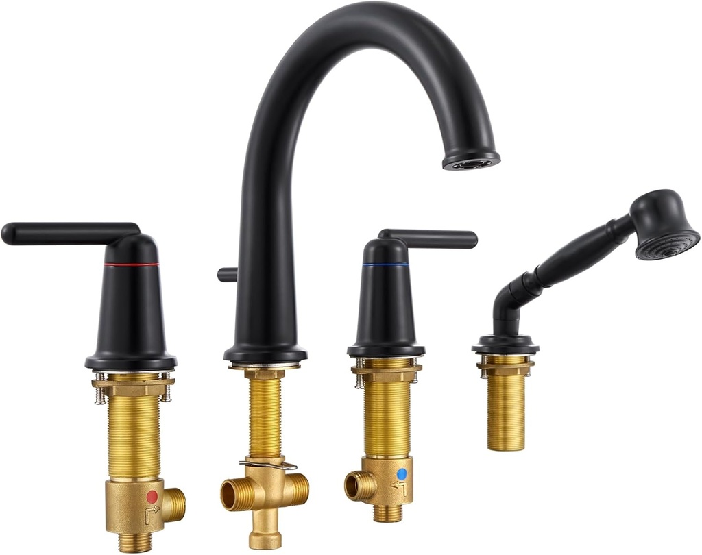Roman Tub Faucet with Sprayer, Classic Bath Faucet Set with Brass Valve, 4-Hole, 2-Handle Widespread Deck Mounted Bathtub Faucet with Shower High Flow Tub Filler with Diverter, Matte Black