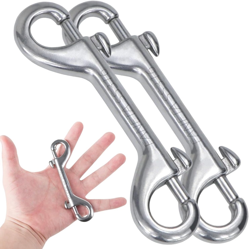 316 Stainless Steel Double Ended Bolt Snap Hook, Marine Grade Double End Diving Clips, Heavy Duty Trigger Chain Clip Key Holder for Pet Feed Bucket Hammock Horse Tack (2-Pack) (90mm Silver)