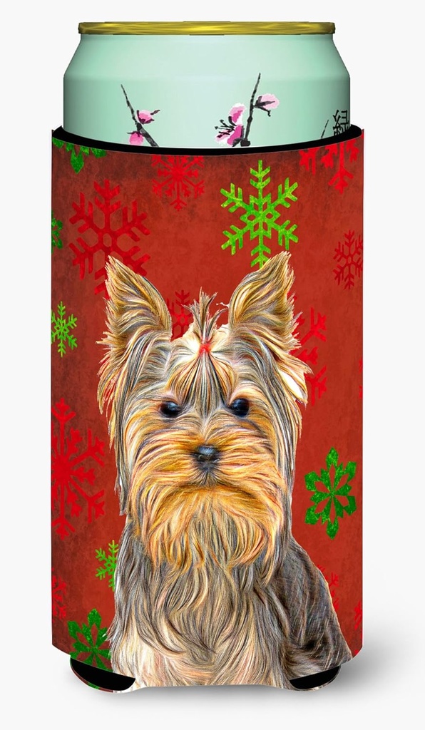 Caroline's Treasures KJ1184TBC Red Snowflakes Holiday Christmas Yorkie/Yorkshire Terrier Tall Boy Hugger Can Cooler Sleeve Hugger Machine Washable Drink Sleeve Hugger Collapsible Insulator Beverage