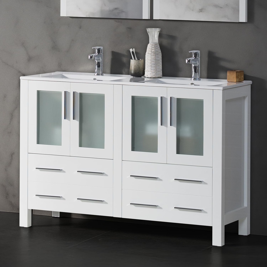 Blossom 48-Inch Solid Wood Bathroom Vanity with Double Ceramic Sinks | Freestanding Vanity Sink Cabinet | Soft-Close Drawers & Tempered Glass Doors (Double Ceramic Top, Glossy White)