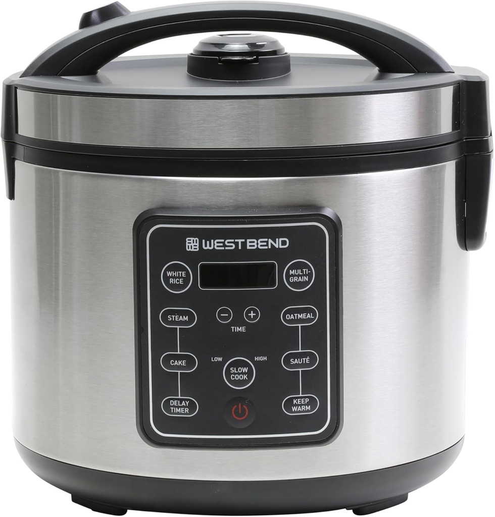 West Bend Rice & Grain Multi Cooker Programmable with 9 Preset Functions, Features Delay Start and Keep Warm Functions and Steam Basket, 20 Cups Cooked (10 cups uncooked), Stainless Steel