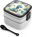 Bento Box Adult Lunch Box All-in-One Stackable Leakproof Lunch Containers with Compartments Double Layer Leak-Proof Cute Dinosaur Lunch Boxes for Women Men Office Work Picnic