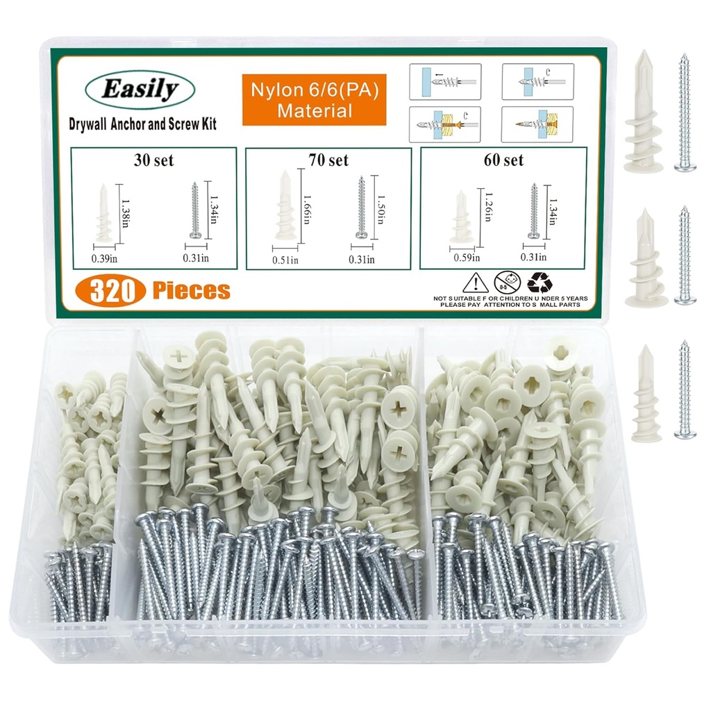 320PCS Drywall Anchors and Screws Kit – Self Drilling Nylon Wall Anchors, Heavy Duty Plastic Anchors for Drywall, No Pre-Drill Needed, Hollow Wall Anchors (10x35mm, 15x32mm, 13x42mm)